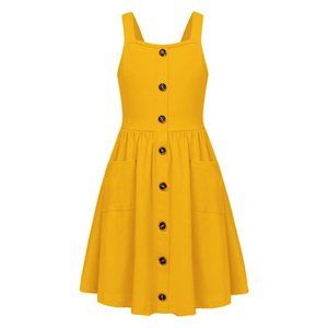 Girl's Summer Sundress Spaghetti Strap Button Down Midi Dress with Pockets